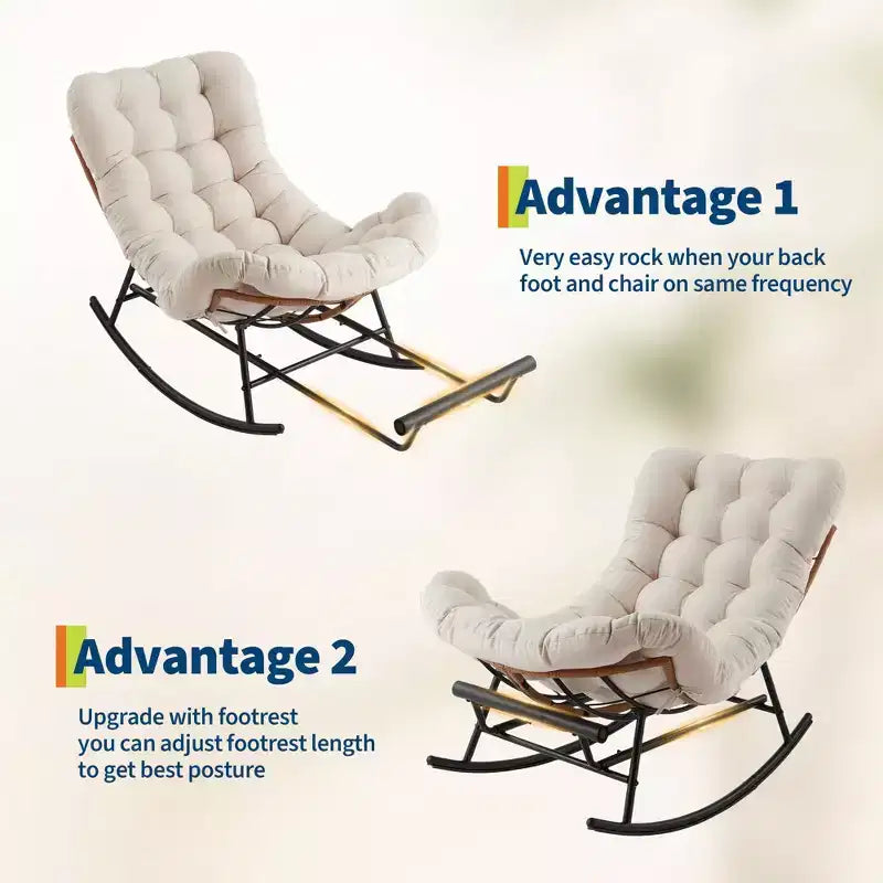 Oversized Rocking Chair with Footrest, Upholstered Lounge Chair with Metal Frame, Patio Reclining Chair for Patio Backyard Bedroom Garden