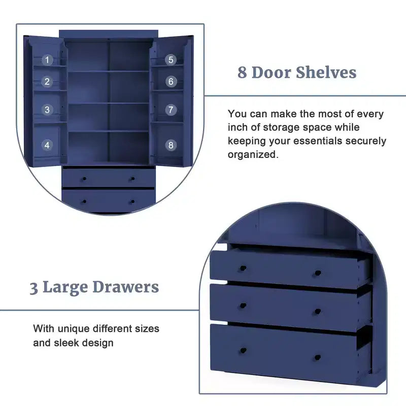 Freestanding Kitchen Pantry Organizer, Cabinet with 3-Adjustable Shelves, 3-Drawers, 8-Door Inner Shelves
