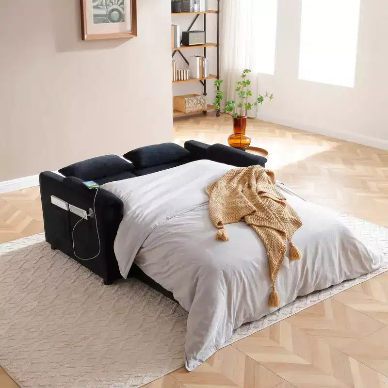 Convertible Sofa Bed Couch with Side Pockets & Adjustable Backrest, Velvet Upholstered Loveseat Sofa for Living Room, Bedroom