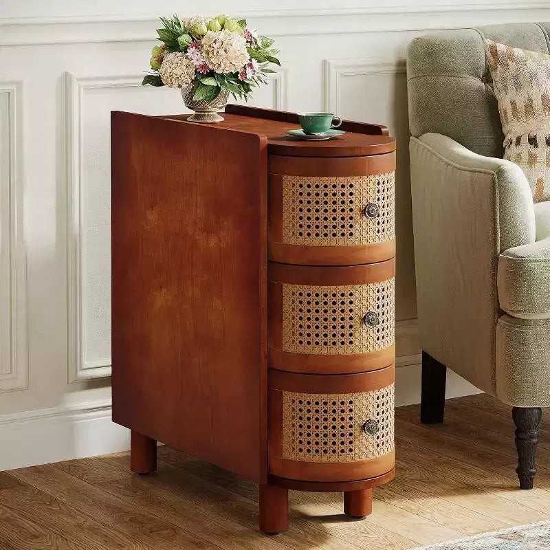 Lantine Solid Wood End Table with 3 Rattan Drawers and Exquisite Embossed Handles, No Assembly Required