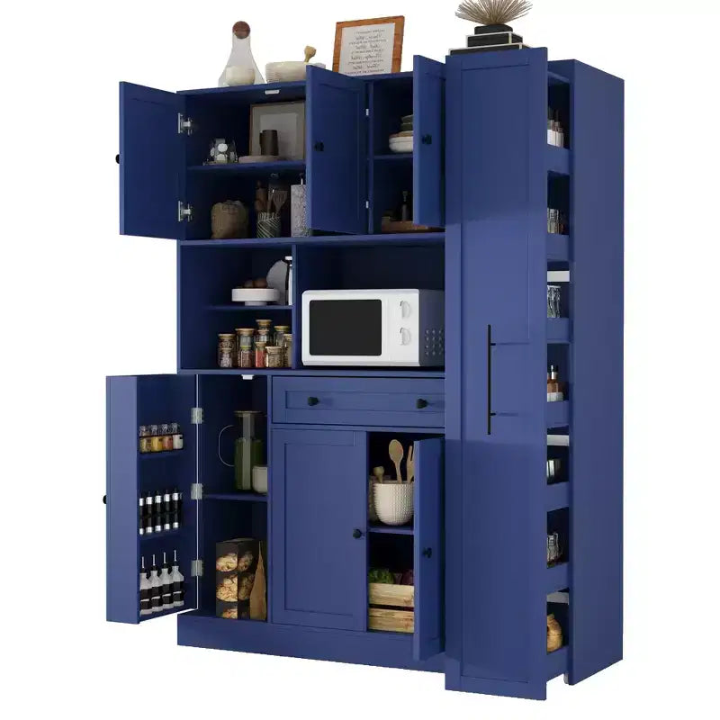 Kitchen Pantry Cabinet with Hutch and Pull-Out Side Cabinet