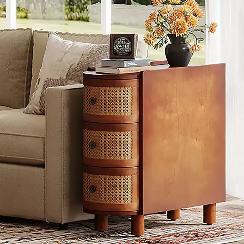 Lantine Solid Wood End Table with 3 Rattan Drawers and Exquisite Embossed Handles, No Assembly Required