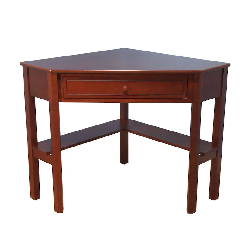 Corner Computer Desk with Drawer & Lower Shelf, Solid Wood & MDF, 42"W x 28"D x 30"H