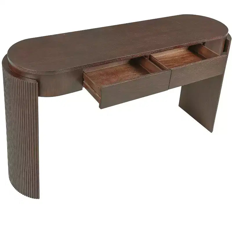 Oval-Top Console Table with Fluted Curved Legs & Dual Hidden Drawers