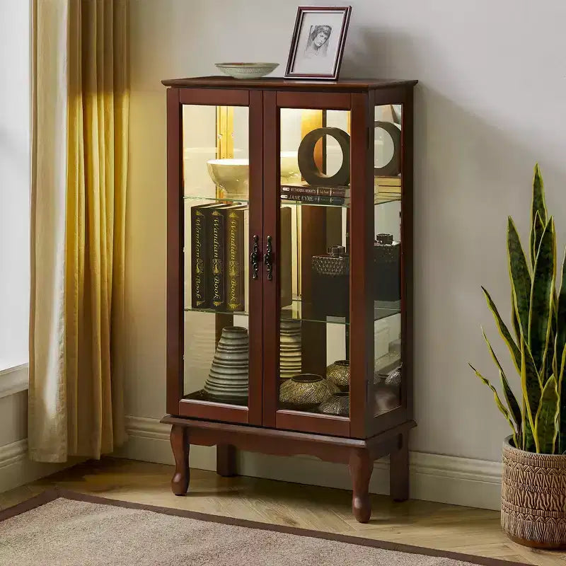 Curio Display Cabinet with 2 Tempered Glass Doors, 3 Shelves & Mirrored Back