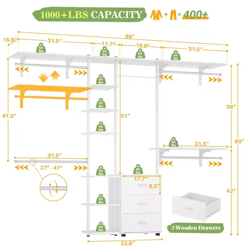 Closet Organizer System with Tower Shelving & 3 Drawers, 96"x80", 1200 lbs Capacity