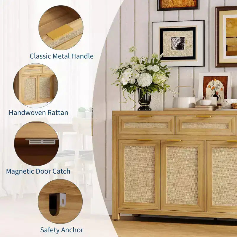 63in Deep Farmhouse Buffet Sideboard Cabinet with Rattan Panels, 3 Drawers, 4 Doors, Adjustable Shelves - Dining Room, Kitchen, Entryway Organizer
