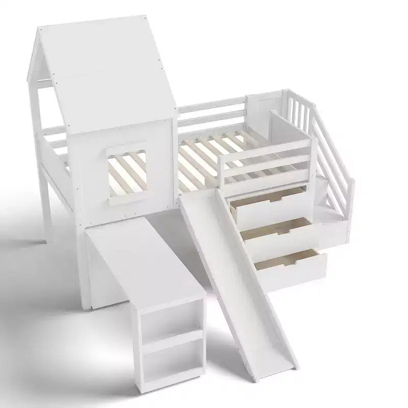 Twin Size Loft Bed with 3 Drawers & Storage Stair, Wooden House-style Bed Frame with Slide and Remevoable Desk