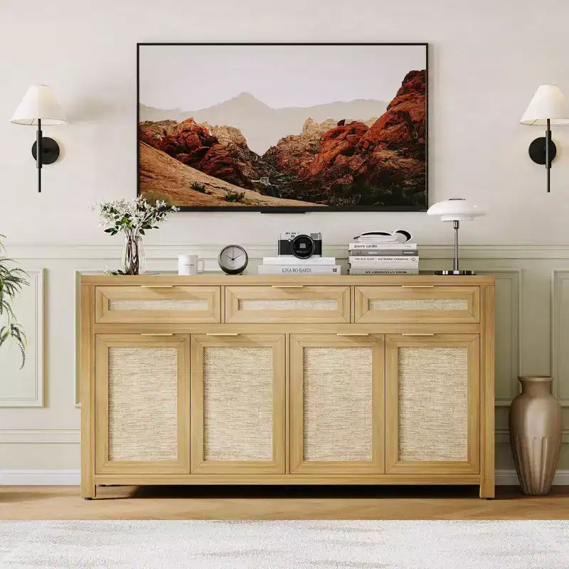 63in Deep Farmhouse Buffet Sideboard Cabinet with Rattan Panels, 3 Drawers, 4 Doors, Adjustable Shelves - Dining Room, Kitchen, Entryway Organizer