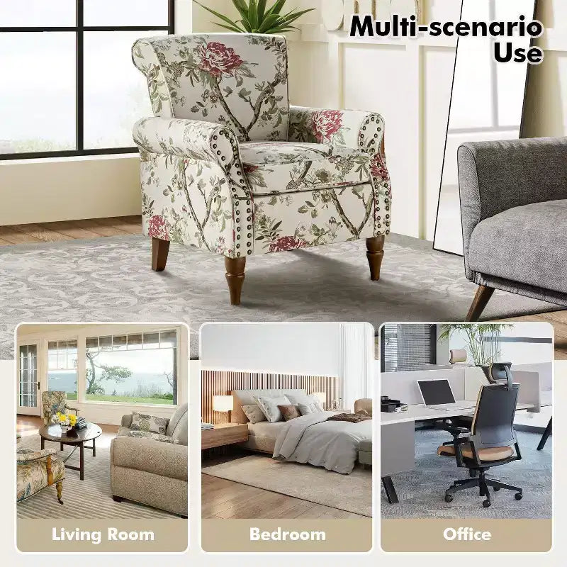 Traditional Wooden Upholstered Floral Armchair with Wingback and Nailhead Trim