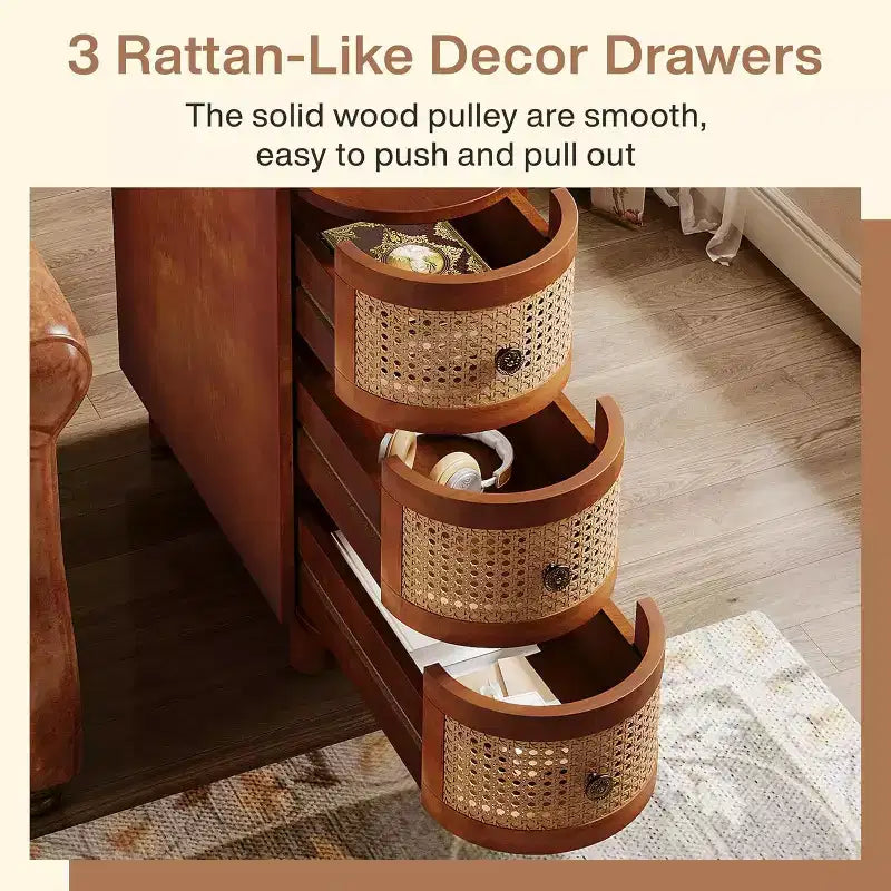 Lantine Solid Wood End Table with 3 Rattan Drawers and Exquisite Embossed Handles, No Assembly Required