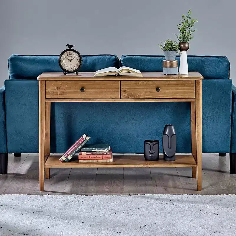Mid Century Contemporary Classic Solid Wood 2-Tier Console Entryway Table with Storage Drawers, Honey Brown