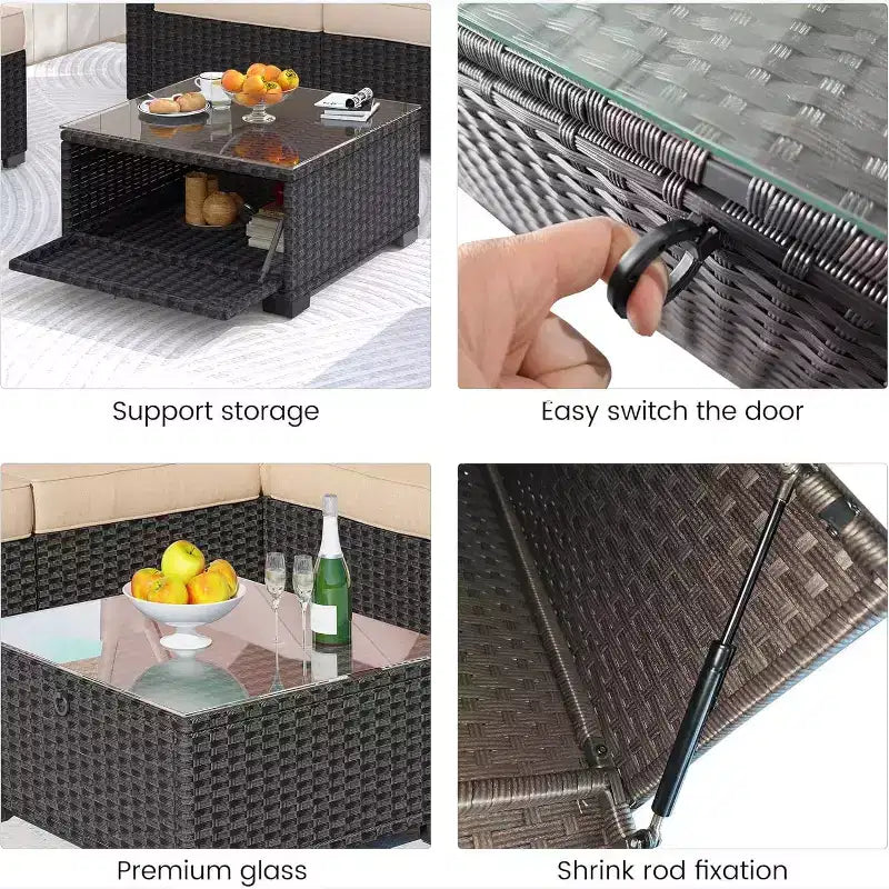 GustoWave 6 Pieces Patio Furniture Set,Wicker Patio Furniture Sofa with Retractable Canopy,Cushions and Tea Table with Storage,2 Adjustable Backrest