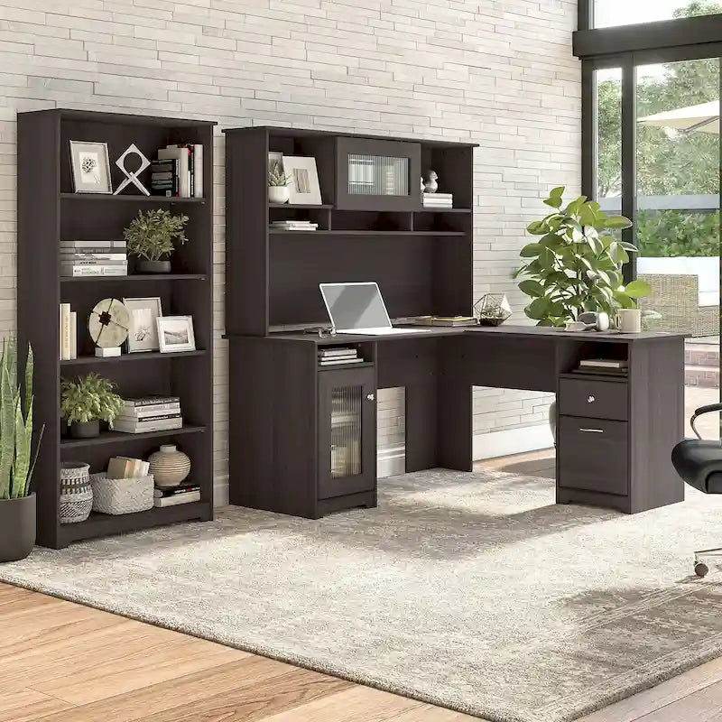 60" L-Shaped Computer Desk with Hutch, 5-Shelf Bookcase & File Drawer, 200 lb Desktop Capacity