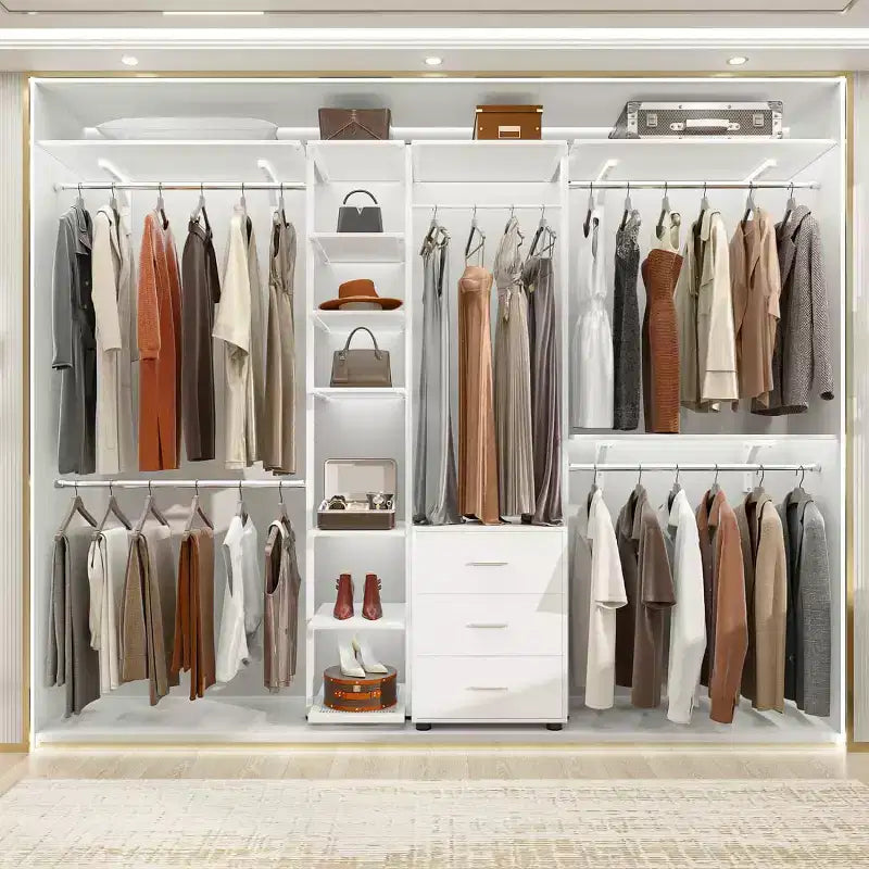Closet Organizer System with Tower Shelving & 3 Drawers, 96"x80", 1200 lbs Capacity
