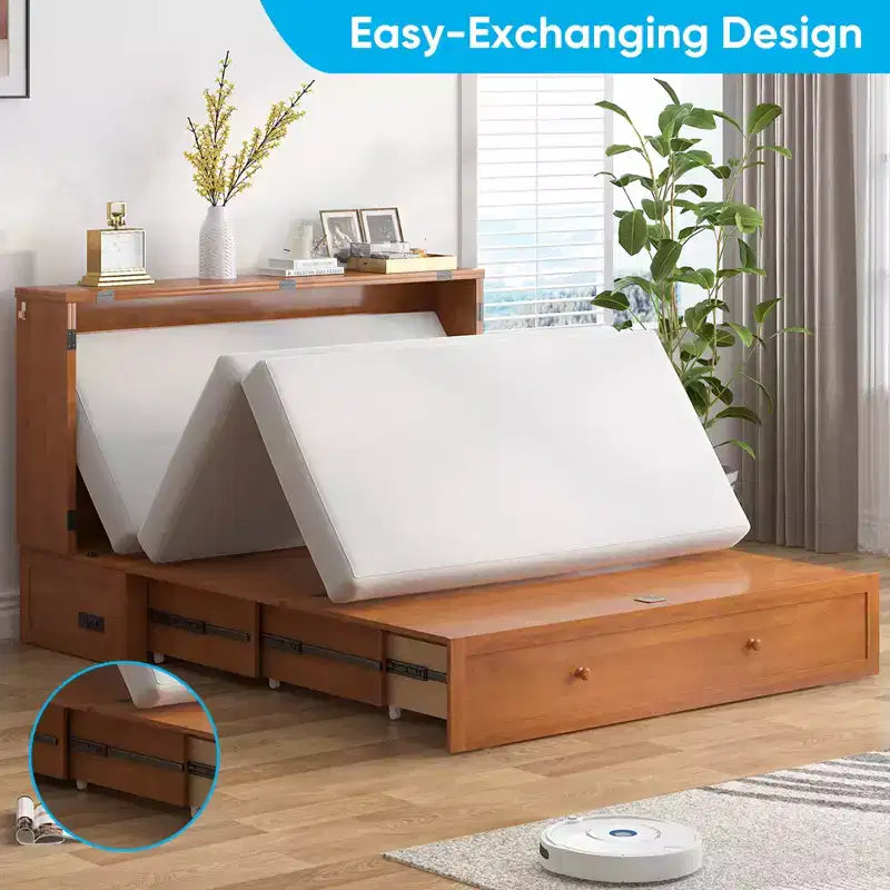 Murphy Bed Cabinet, Modern Murphy Bed Queen with Mattress, Built-in USB Charging Station & Drawers