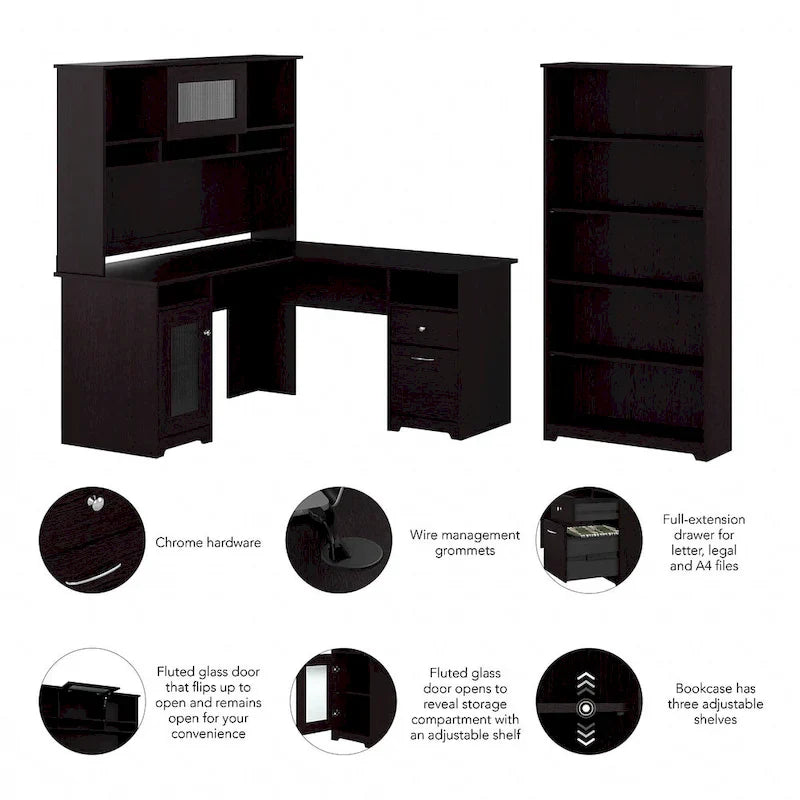 60" L-Shaped Computer Desk with Hutch, 5-Shelf Bookcase & File Drawer, 200 lb Desktop Capacity