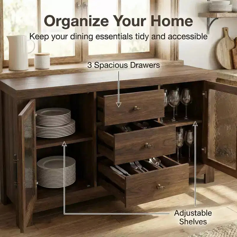 54.4 Buffet Sideboard, Accent Storage Cabinet with 2 Glass Doors & 3 Drawers, Coffee Bar Table, TV Stand for Living Room, Kitchen, Dining Room