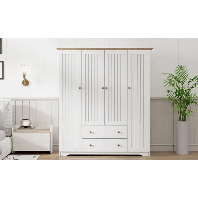 4 Door Wardrobe Armoire Closet with 2 Drawers, Freestanding Wardrobe Clothes Storage Cabinet with Hanging Rods