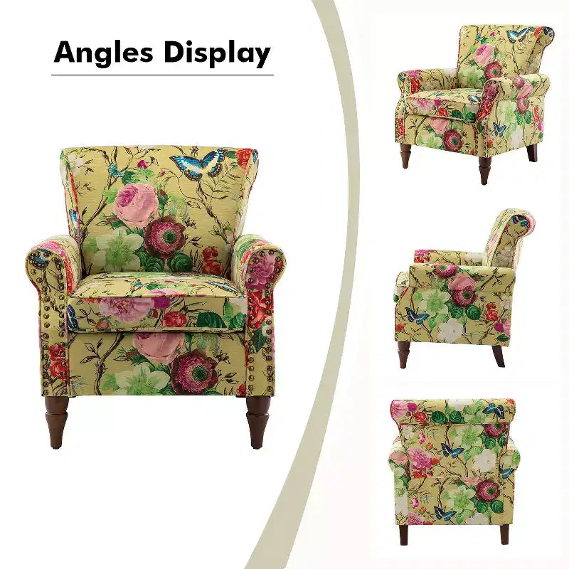 Traditional Wooden Upholstered Floral Armchair with Wingback and Nailhead Trim