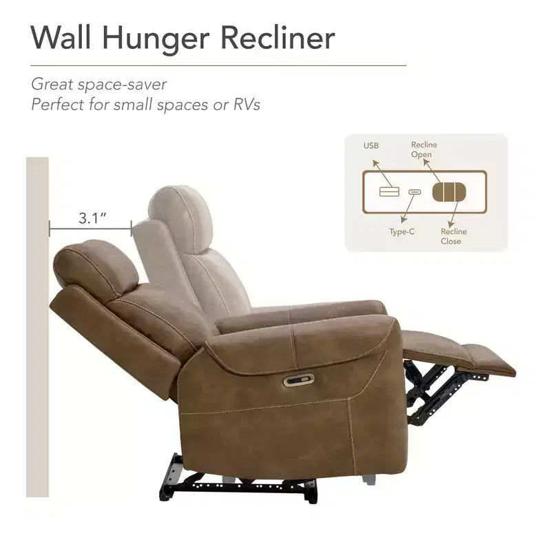 Wall Hugger Power Recliner with USB Ports, Faux Leather, 3 Positions, 350 lbs