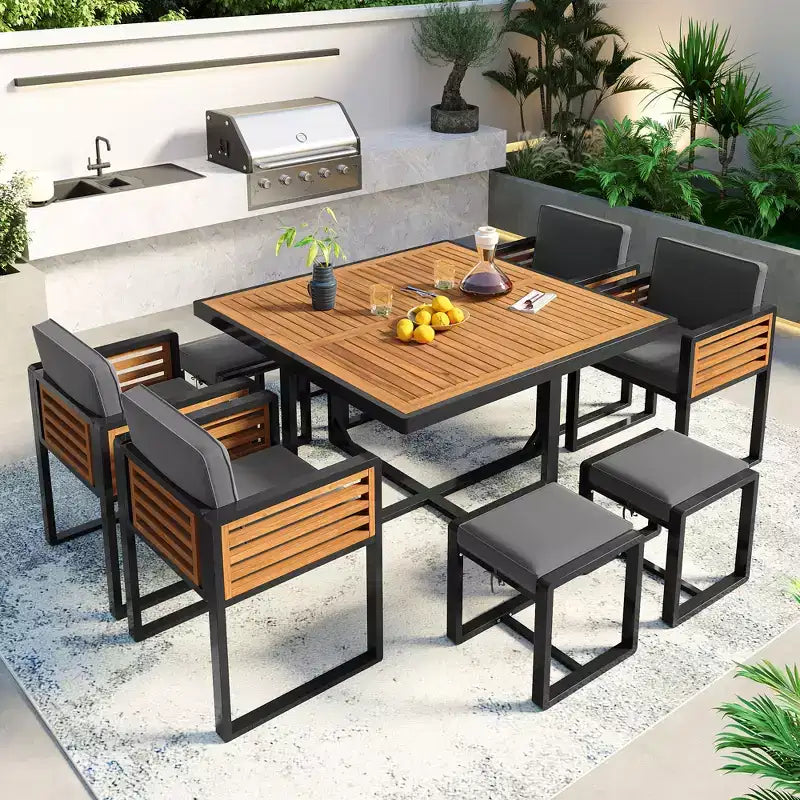 GDFStudio Donald Patio 9-Piece Acacia Wood Dining Set with Square Table, 4 Cushioned Chairs and 4 Stools
