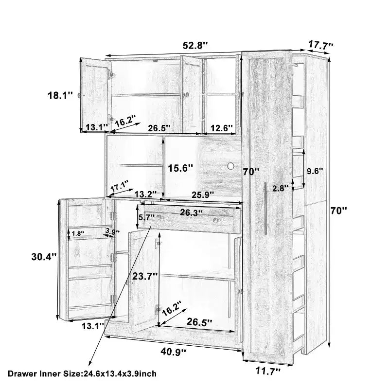 Kitchen Pantry Cabinet with Hutch and Pull-Out Side Cabinet