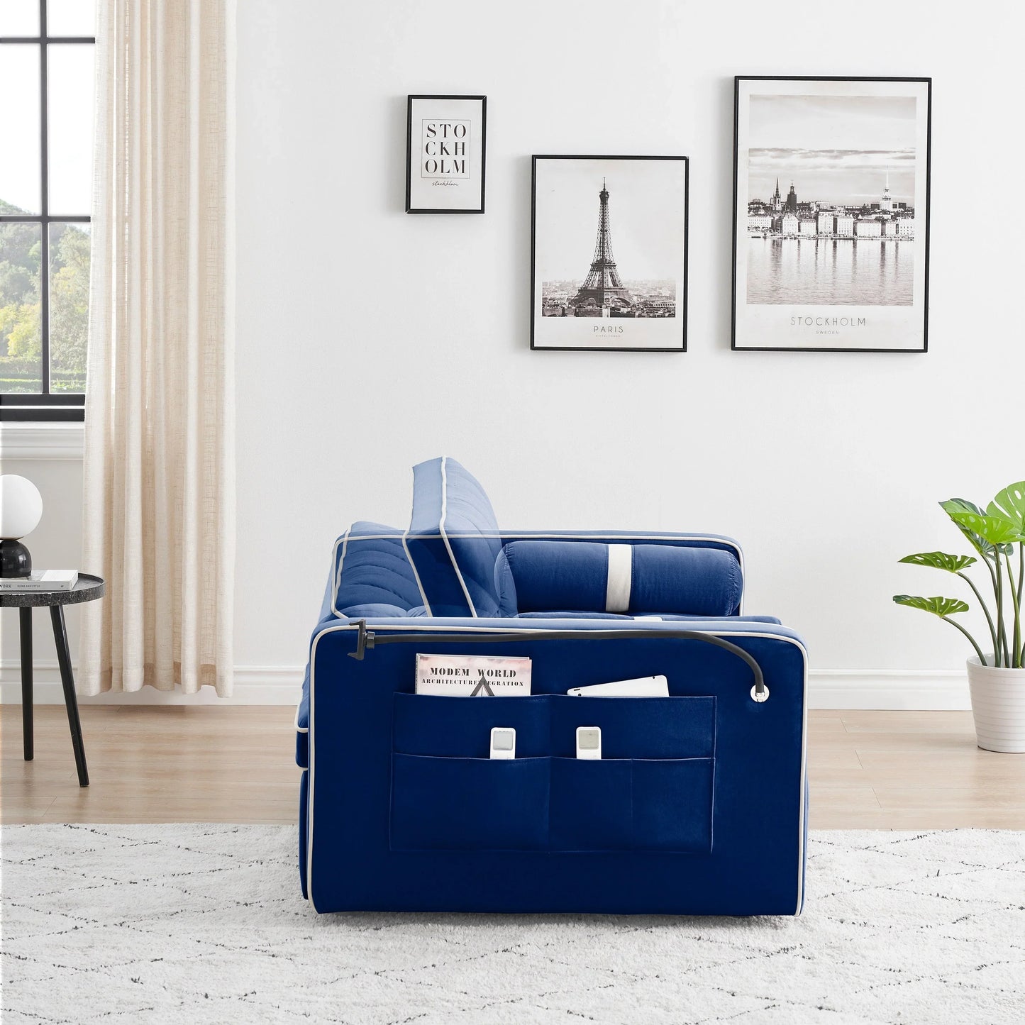 Velvet Convertible 55'' 2-Seater Sleeper Sofa with Pull-Out Bed, Adjustable Recline, Side Pockets, and Phone Holder