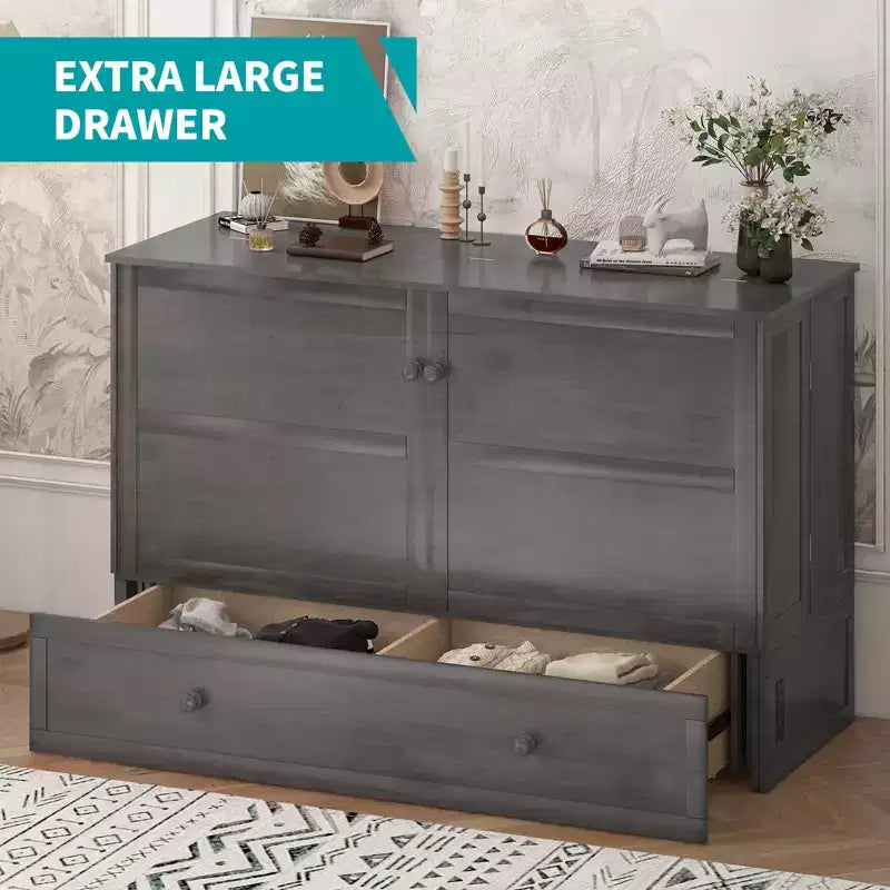 Murphy Bed Cabinet, Modern Murphy Bed Queen with Mattress, Built-in USB Charging Station & Drawers