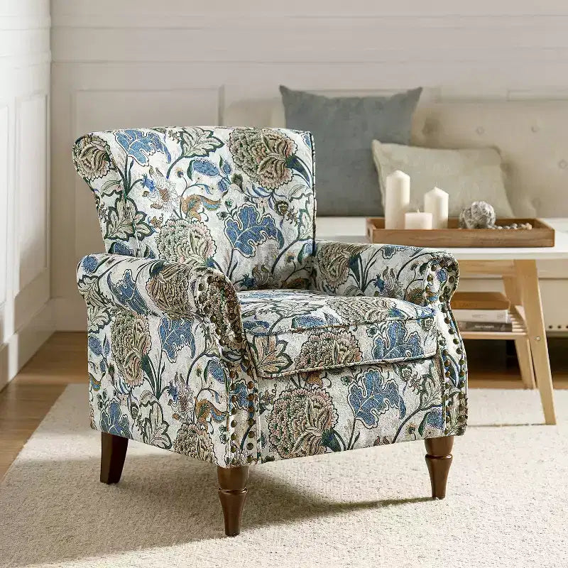 Traditional Wooden Upholstered Floral Armchair with Wingback and Nailhead Trim