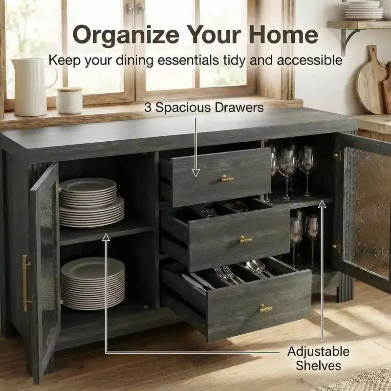 54.4 Buffet Sideboard, Accent Storage Cabinet with 2 Glass Doors & 3 Drawers, Coffee Bar Table, TV Stand for Living Room, Kitchen, Dining Room