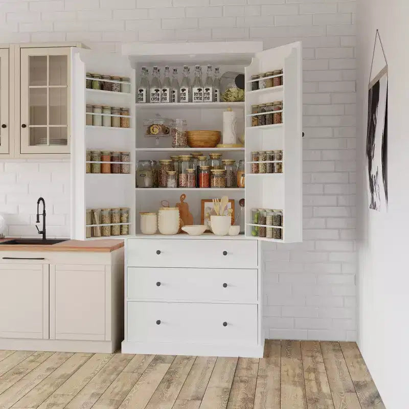 Freestanding Kitchen Pantry Organizer, Cabinet with 3-Adjustable Shelves, 3-Drawers, 8-Door Inner Shelves