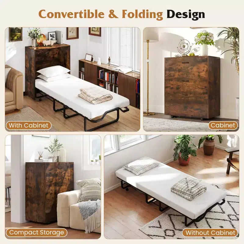 Costway Cot Size Murphy Bed with Storage Rolling Murphy Cabinet with Foldable Bed