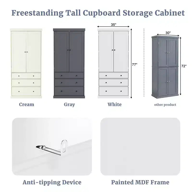 Freestanding Kitchen Pantry Organizer, Cabinet with 3-Adjustable Shelves, 3-Drawers, 8-Door Inner Shelves