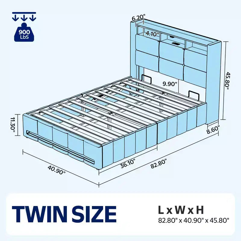 Greenstell Upholstered Lift Storage Bed with LED Lights & Charging Station, Modern Platform Bed, Heavy Duty Wooden Slats