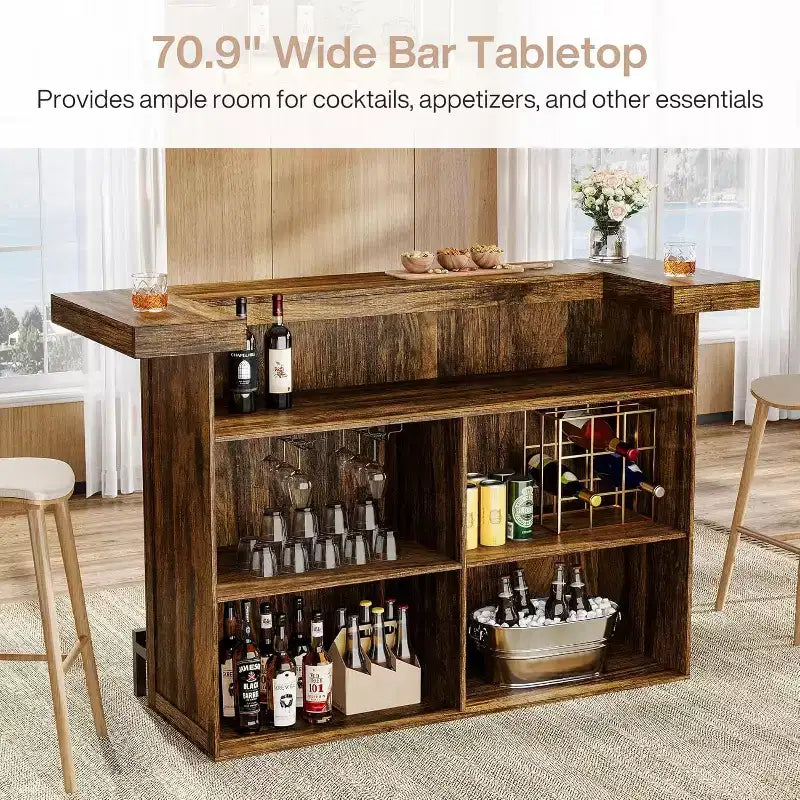 Lantine 70.9-Inch Modern 4-Tier Bar Table Home Bar Cabinet with Glass Holder and Black Footrest