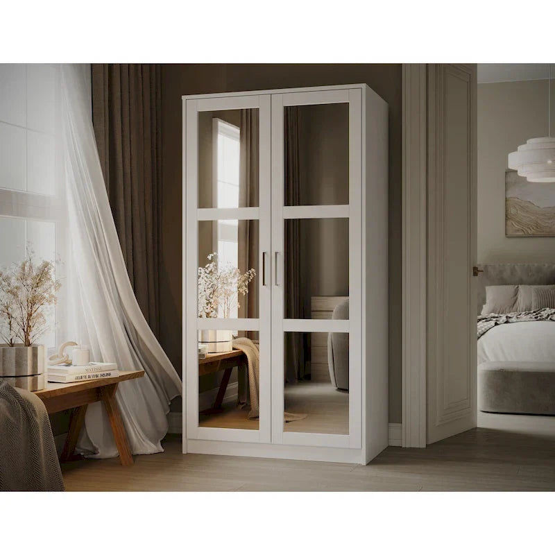 2-Door Solid Pine Wood Wardrobe Armoire with Clothing Rod & Adjustable Shelf – White / Black / Gray, Solid Wood or Mirrored Doors, Single