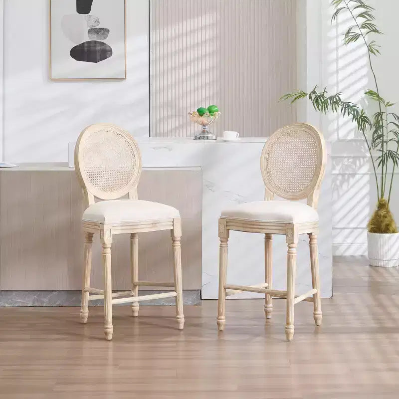 French Country 26 Bar Chairs Set of 2, Upholstered Natural Rattan Round Back, Wire Drawing Carving, Beige
