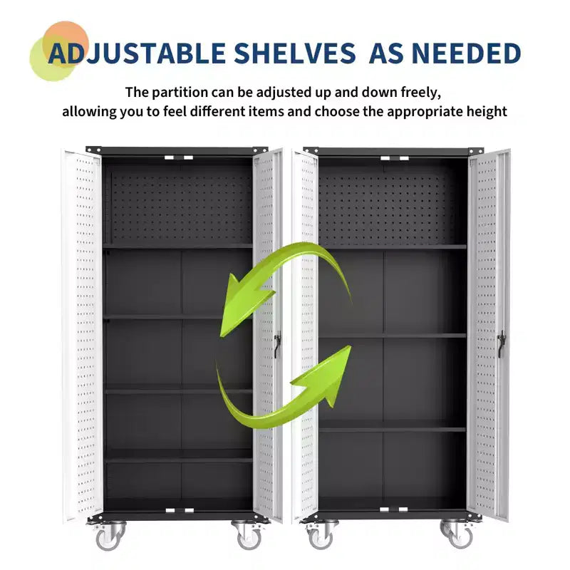 Steel Rolling Tool Cabinet with Lock | Heavy-Duty Garage Storage w/ 4 Adjustable Shelves & Pegboard