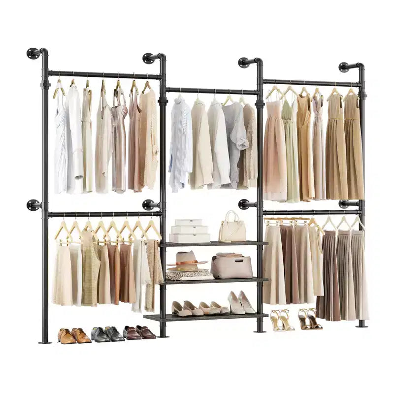 Besiost Industrial Pipe Clothing Rack, 7.3-10.9Ft Wall Mounted Closet System