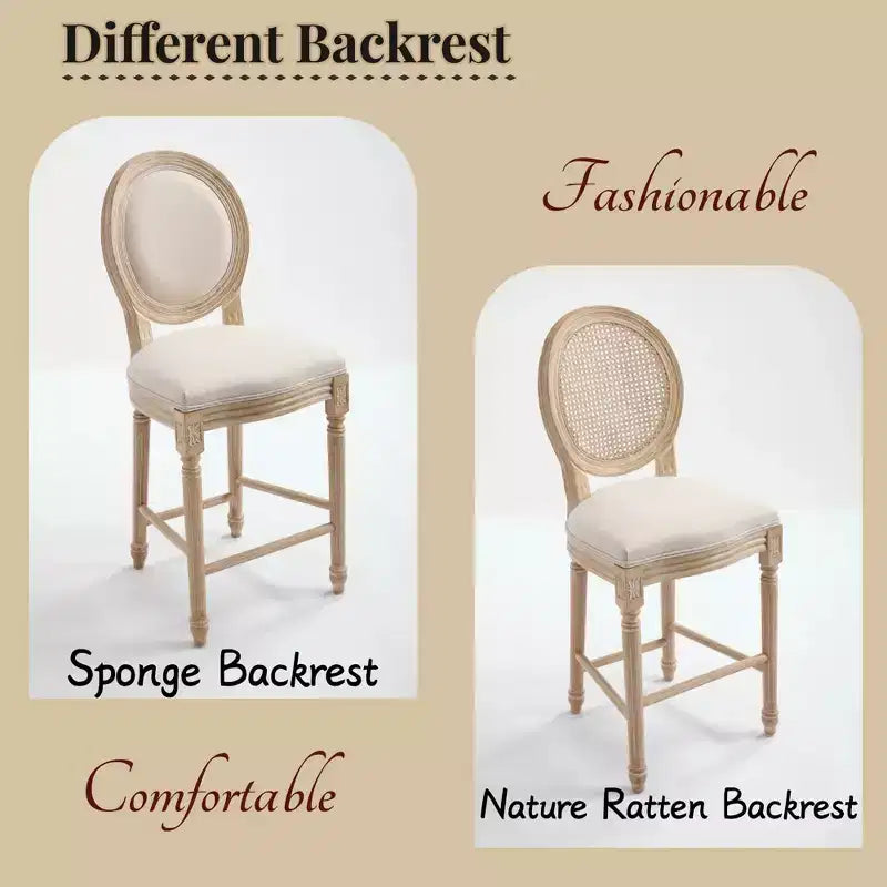 French Country 26 Bar Chairs Set of 2, Upholstered Natural Rattan Round Back, Wire Drawing Carving, Beige