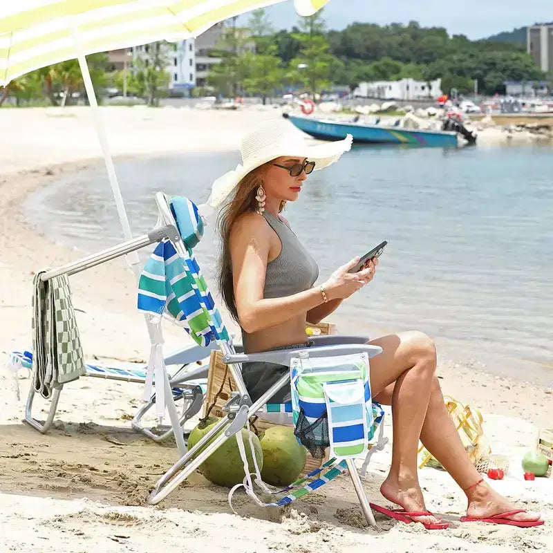 Set of 2 Backpack Beach Chairs for Adults, Lightweight Aluminum Folding Chairs with 5-Position Adjustable Backrest, Towel Bar, Storage Pockets