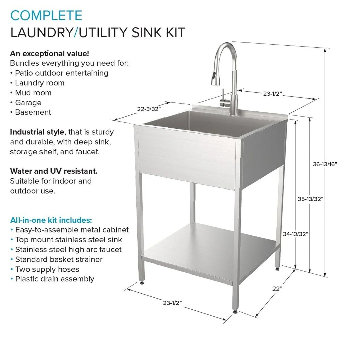 24-in W x 22-in D x 35-in H Stainless Steel Laundry Sink and Wash Stand