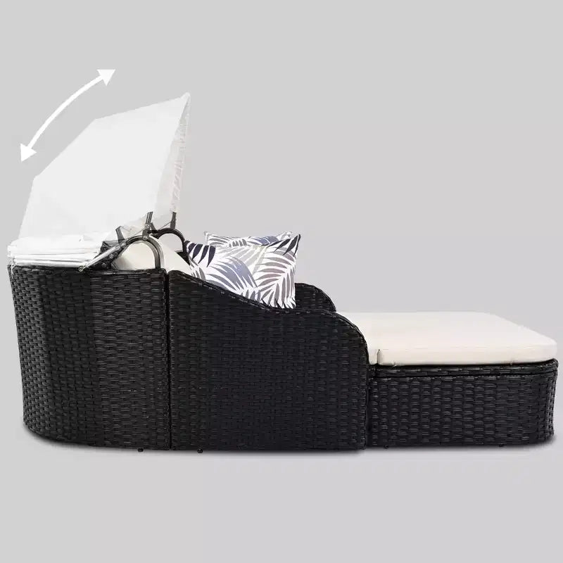 CLIHOME Outdoor Sunbed with Adjustable Canopy, Double Lounge, PE Rattan Daybed, Black Wicker and Cushion