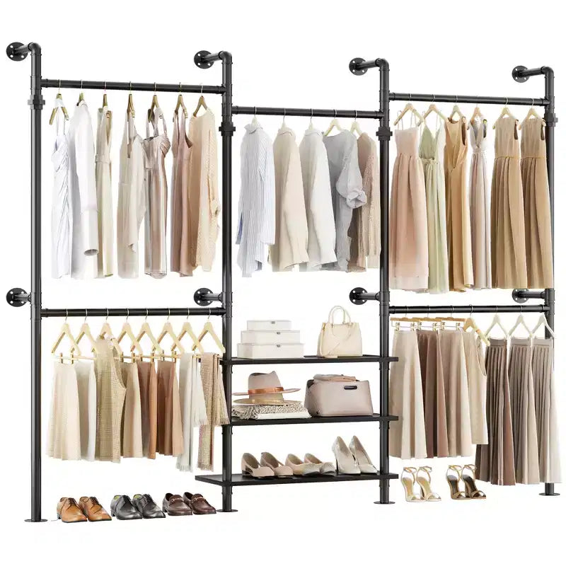 Besiost Industrial Pipe Clothing Rack, 7.3-10.9Ft Wall Mounted Closet System