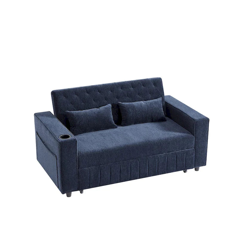 Transformable Chenille Fabric Sofa Bed with Adjustable Tufted Backrest, USB Ports, and Ample Storag