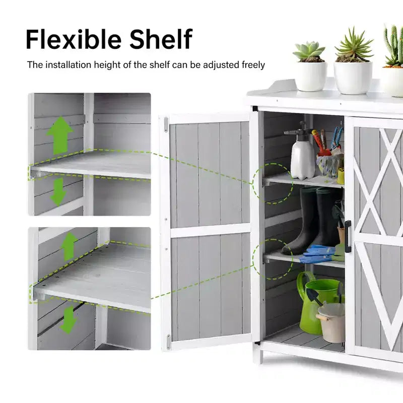 Waterproof storage cabinet, wooden garden workbench with 2 removable shelves, galvanized metal tabletop, suitable for indoor and outdoor use.