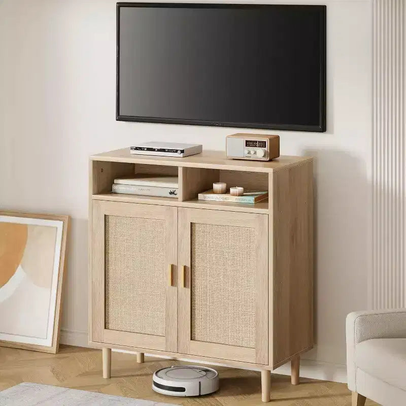 Rattan Sideboard Buffet Cabinets - 2-Door Storage with Shelf, Modern Dining Room, Coffee Bar Furniture, 36H