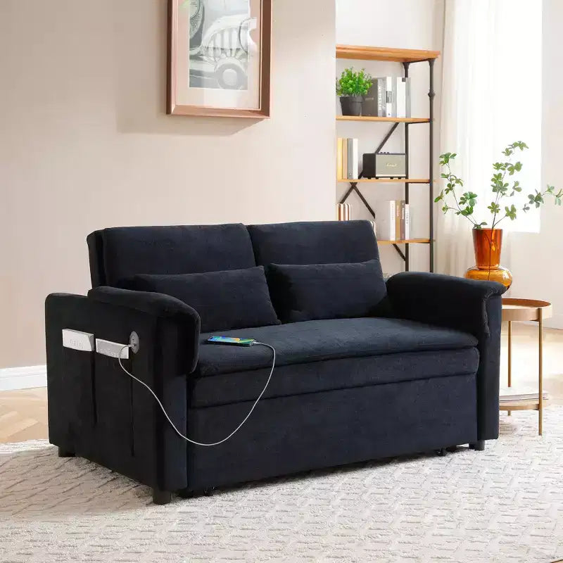 Convertible Sofa Bed Couch with Side Pockets & Adjustable Backrest, Velvet Upholstered Loveseat Sofa for Living Room, Bedroom