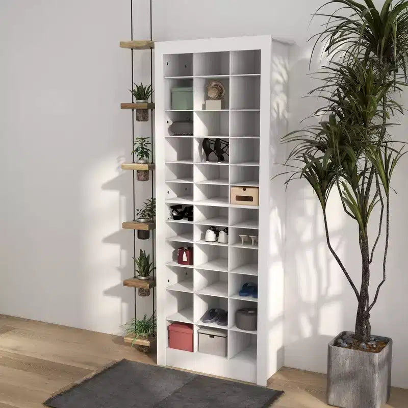 71 Narrow Shoe Cabinet for Entryway Tall Shoe Rack Storage Organizer with 3 Heights of Open Cubes for 36 Pairs of Shoes for Hallway White
